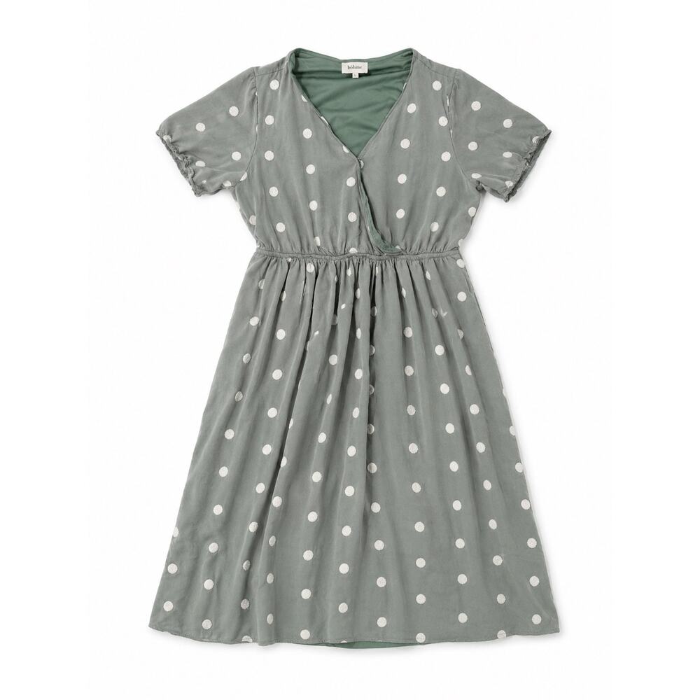 Böhme Polka Dot Midi Dress Surplice V-Neck Pockets L Tufted Peasant Garden Grad